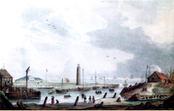 Kolorierte Lithographie des Alten Hafens um 1840. Links im Hintergrund das damalige Badehaus, spter Seepavillon, mitte der Leuchtturm, rechts der Ahrensberg auf seiner Wurt