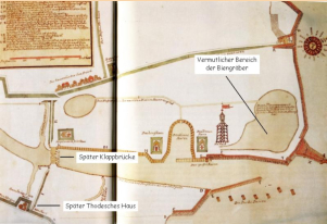 Kartenausschnitt vom Alten Hafen und umzu. Handzeichnung Spanningers von 1733