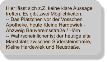 Hier lsst sich z.Z. keine klare Aussage treffen. Es gibt zwei Mglichkeiten:-- Das Pltzchen vor der Vosschen Apotheke, heute Kleine Hardewiek - Abzweig Bauvereinsstrae / Hrn. -- Wahrscheinlicher ist der heutige alte Marktplatz zwischen Sdersteinstrae, Kleine Hardewiek und Neustrae.