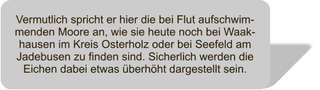 Vermutlich spricht er hier die bei Flut aufschwim-menden Moore an, wie sie heute noch bei Waak-hausen im Kreis Osterholz oder bei Seefeld am Jadebusen zu finden sind. Sicherlich werden die Eichen dabei etwas berhht dargestellt sein.