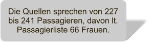 Die Quellen sprechen von 227 bis 241 Passagieren, davon lt. Passagierliste 66 Frauen.