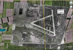 Auf ein Luftbild der Gemeinde Midlum aufgetragener Plan des ehem. Scheinflugplatzes links und rechts der Autobahn (gelb)
