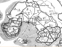 Graphik der Insel Strand vor der Sturmflut 1634 und der berreste nach der Sturmflut 