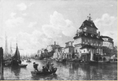 Johann Georg Valentin Ruths: Das ehemalig Baumhaus in Hamburg, 1850, Hamburger Kunsthalle. Auf dem Dach die Telegraphenanlage.