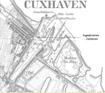 Karte des Cuxhavener Hafens von 1877 mit Position der Signalstation.